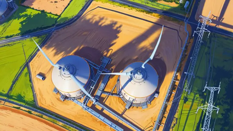 Vista aérea de una planta de energía eléctrica con estructuras modernas en desarrollo.