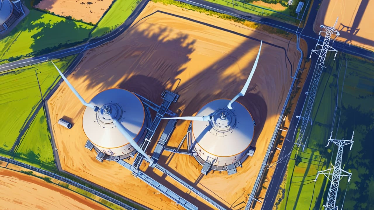 Vista aérea de una planta de energía eléctrica con estructuras modernas en desarrollo.