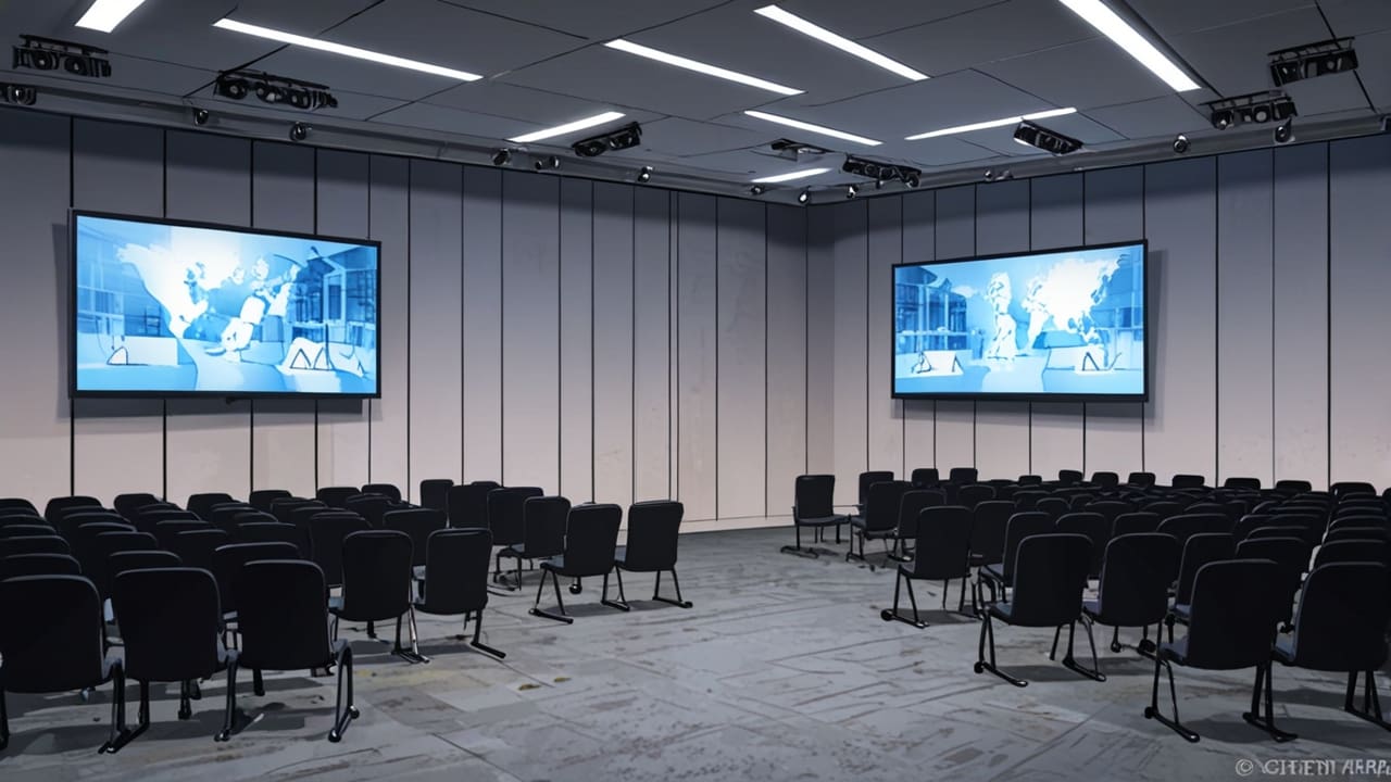 Moderna sala de conferencias con pantallas digitales mostrando avances tecnológicos en construcción