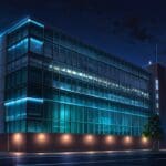 Edificio tecnológico moderno con luces nocturnas