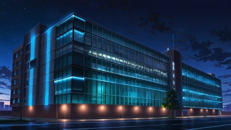 Edificio tecnológico moderno con luces nocturnas