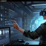 Futurística interfaz gráfica de realidad virtual y análisis de datos en ciberseguridad militar.