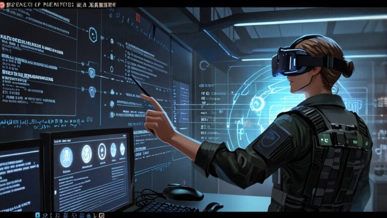 Futurística interfaz gráfica de realidad virtual y análisis de datos en ciberseguridad militar.