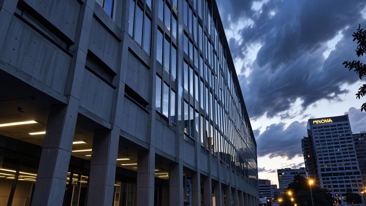 Edificios modernos de oficinas tecnológicas iluminados por la luz del amanecer en Bogotá