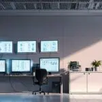 Oficina moderna con computadoras y pantallas mostrando datos de salud mental en entorno tecnológico corporativo.