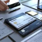 Oficina moderna de fintech con tarjeta de crédito destacada sobre mesa de trabajo.