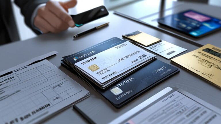 Oficina moderna de fintech con tarjeta de crédito destacada sobre mesa de trabajo.