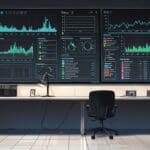 Plano de un escritorio moderno con computadoras y gráficos de datos dinámicos en pantalla