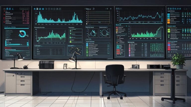 Plano de un escritorio moderno con computadoras y gráficos de datos dinámicos en pantalla