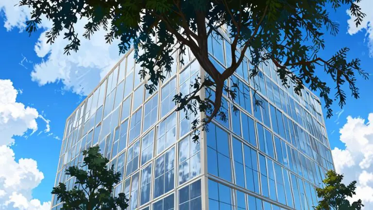 Edificio gubernamental moderno rodeado de árboles y cielo despejado