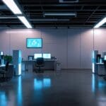 Oficina moderna con vista a dispositivos de inteligencia artificial en uso, dinámica y bien iluminada