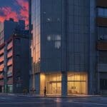 Edificios tecnológicos modernos al atardecer con vehículos autónomos en la calle