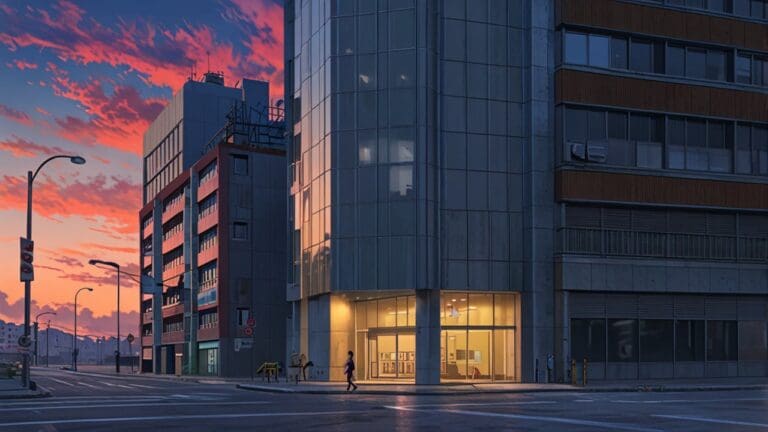 Edificios tecnológicos modernos al atardecer con vehículos autónomos en la calle