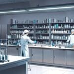 Laboratorio moderno con frascos y equipos científicos de biotecnología