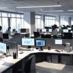 Interior de una moderna oficina tecnológica con personas trabajando en sus escritorios