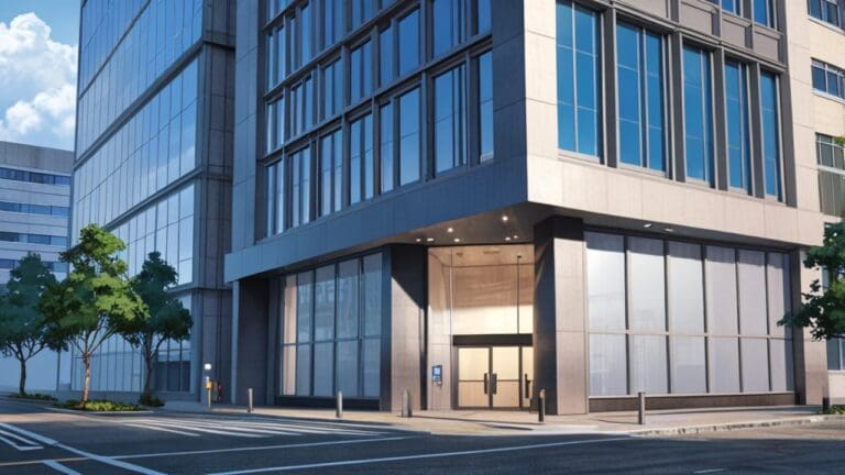 Edificio corporativo moderno en un entorno urbano vibrante y soleado