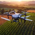 Dron sobrevolando campos agrícolas con tecnología avanzada al amanecer