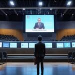 Reunión de delegados en un moderno centro de convenciones tecnológico con pantallas de información digital.