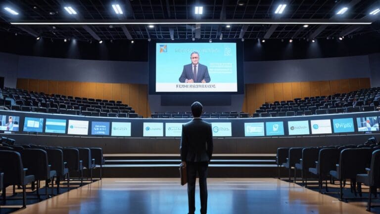 Reunión de delegados en un moderno centro de convenciones tecnológico con pantallas de información digital.