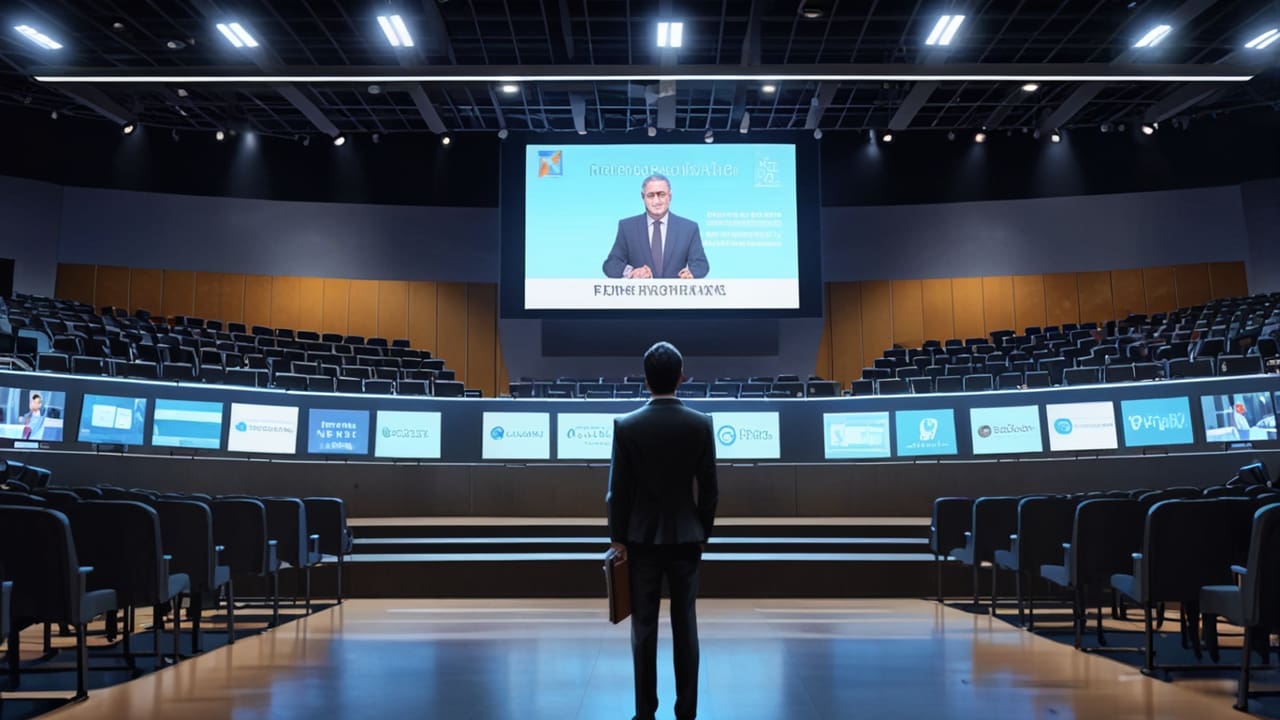 Reunión de delegados en un moderno centro de convenciones tecnológico con pantallas de información digital.