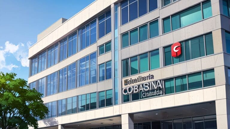 Edificio de oficinas moderno con logotipos de marcas corporativas globales