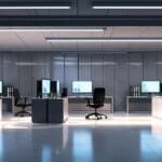 Oficina moderna con servidores de computación cuántica y tecnología avanzada.