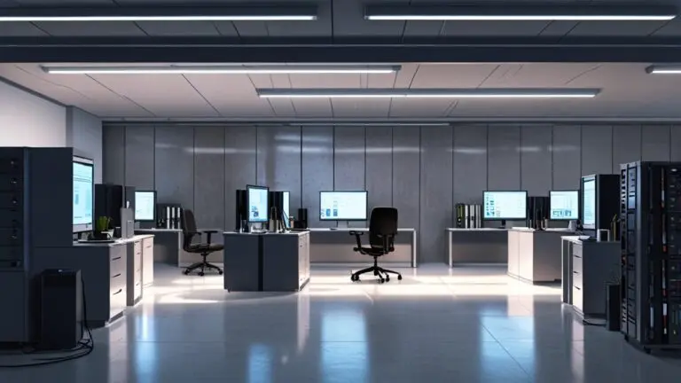 Oficina moderna con servidores de computación cuántica y tecnología avanzada.