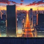 Vista panorámica de una ciudad con rascacielos y oficinas modernas al atardecer