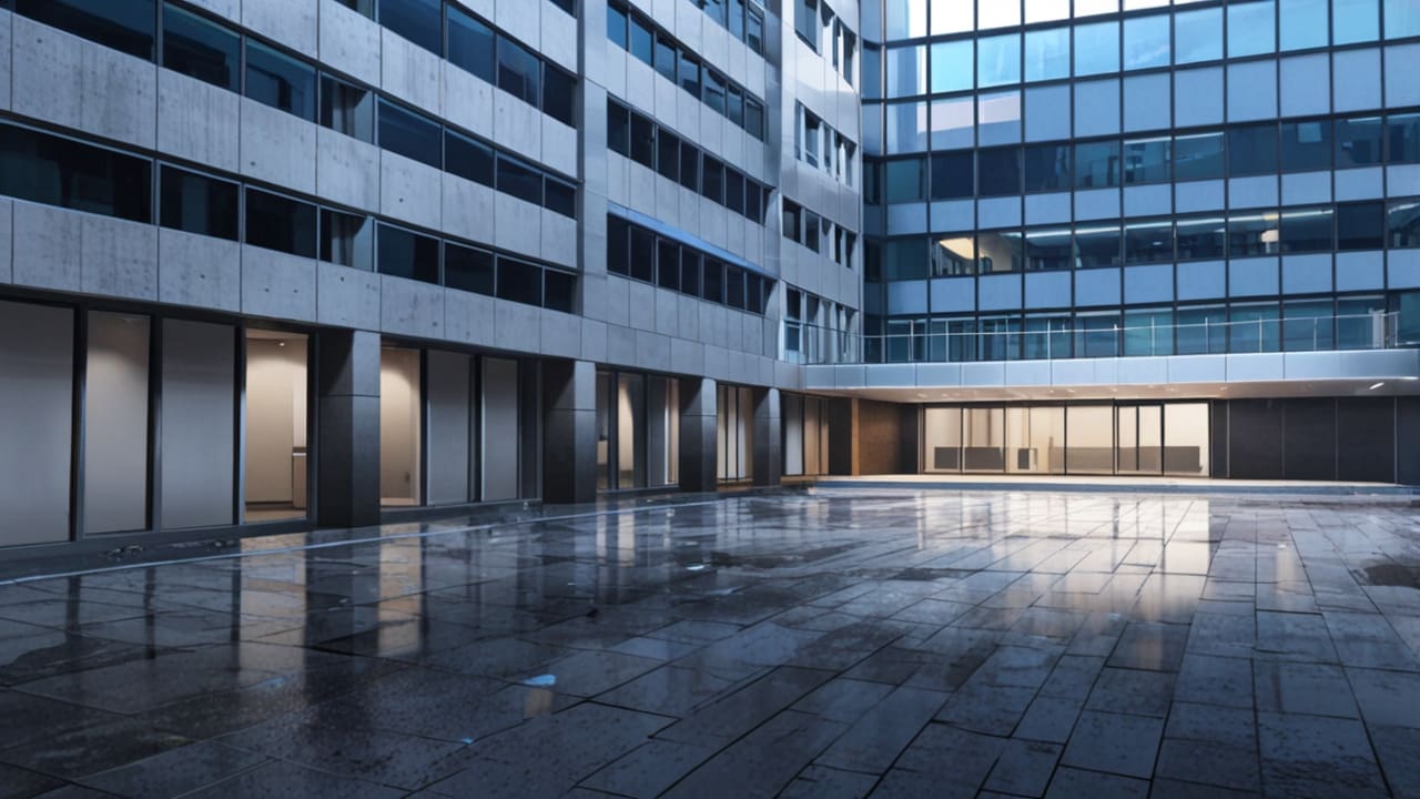 Escena corporativa moderna de un edificio de oficinas tecnológicas en una ciudad