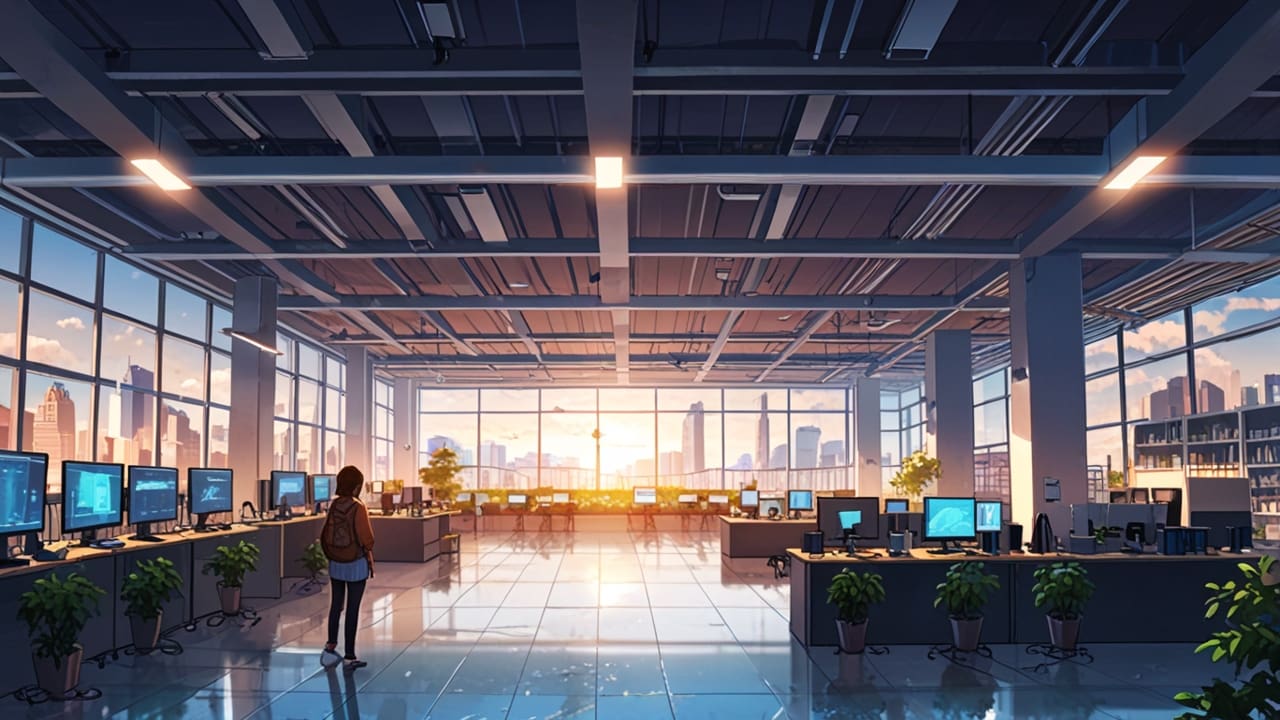 Vista moderna de un centro de innovación tecnológica con un enfoque en startups alimentarias.