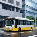 Automóvil eléctrico urbano moderno en una carretera urbana con fondo de edificios contemporáneos