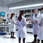 Equipo de científicos trabajando en tecnología médica avanzada en un laboratorio moderno