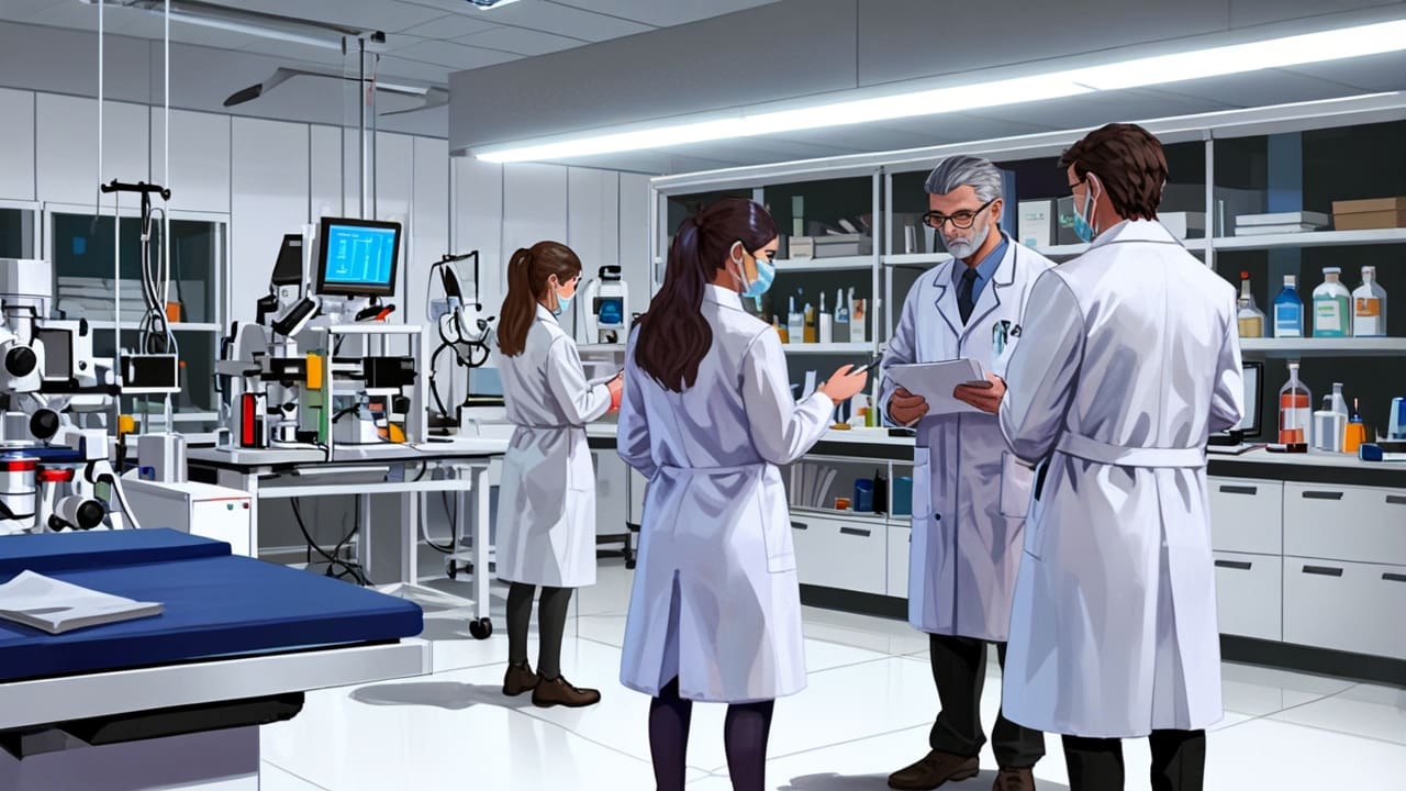 Equipo de científicos trabajando en tecnología médica avanzada en un laboratorio moderno