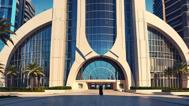 Exterior moderno de un centro de conferencias en Dubai con arquitectura futurista