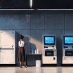 Oficina moderna con ordenadores y gadgets en una atmósfera sofisticada.