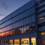 Moderno edificio corporativo con luces de oficinas encendidas al atardecer