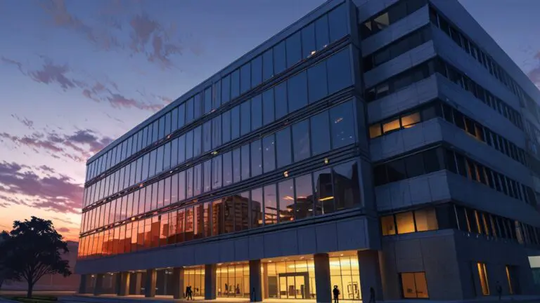 Moderno edificio corporativo con luces de oficinas encendidas al atardecer