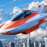 Coche volador futurista sobrevolando una ciudad tecnológica bajo un cielo despejado