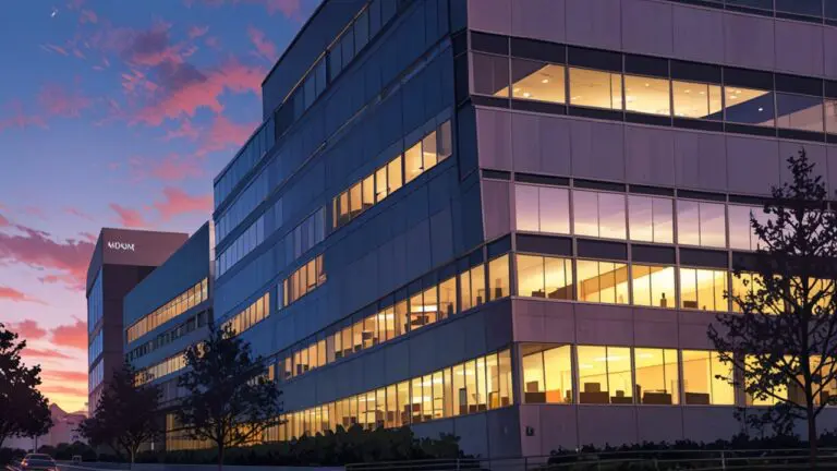Imagen de un moderno edificio de oficinas en Silicon Valley al atardecer
