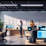 Oficinas modernas de una startup tecnológica con pantallas y equipo moderno