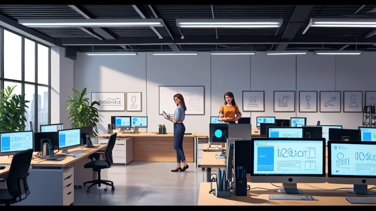 Oficinas modernas de una startup tecnológica con pantallas y equipo moderno