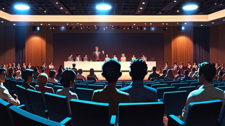 Empresarios reunidos en una sala de conferencias moderna con enfoque tecnológico