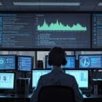 Interior de una oficina moderna con pantallas mostrando actividades de ciberseguridad y programación.