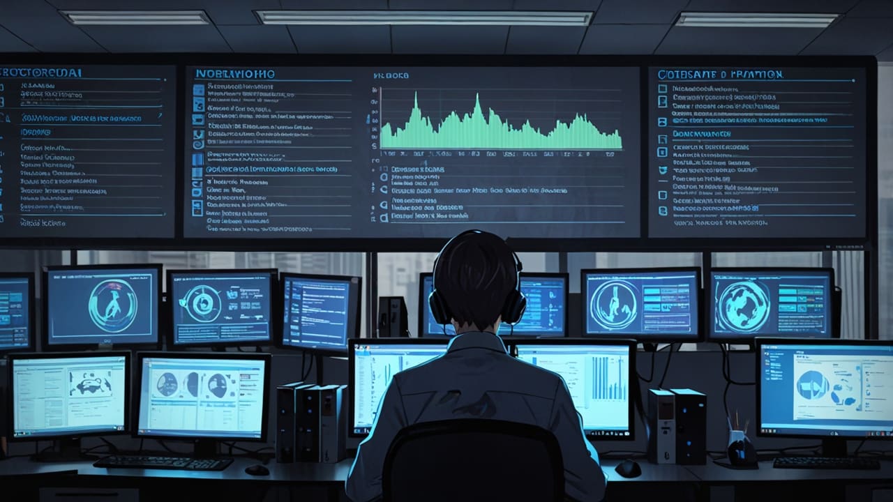 Interior de una oficina moderna con pantallas mostrando actividades de ciberseguridad y programación.