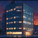 Edificios modernos iluminados junto a una costa al atardecer, destacando tecnología y cine.