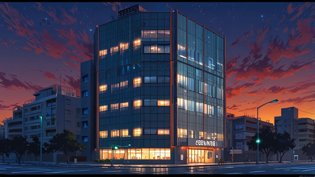 Edificios modernos iluminados junto a una costa al atardecer, destacando tecnología y cine.