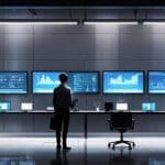 Oficina moderna con equipos tecnológicos y pantallas que muestran datos digitales.