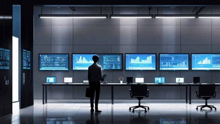 Oficina moderna con equipos tecnológicos y pantallas que muestran datos digitales.