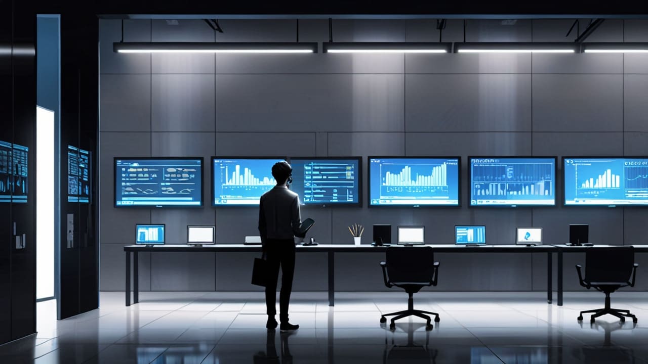 Oficina moderna con equipos tecnológicos y pantallas que muestran datos digitales.