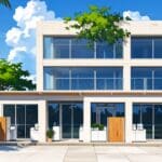 Conjunto de oficinas modernas rodeadas de naturaleza en una isla soleada.